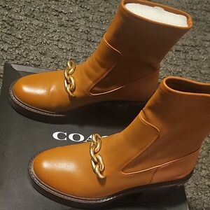 Coach Kennah Women's Brown Ankle Booties with Gold Chain